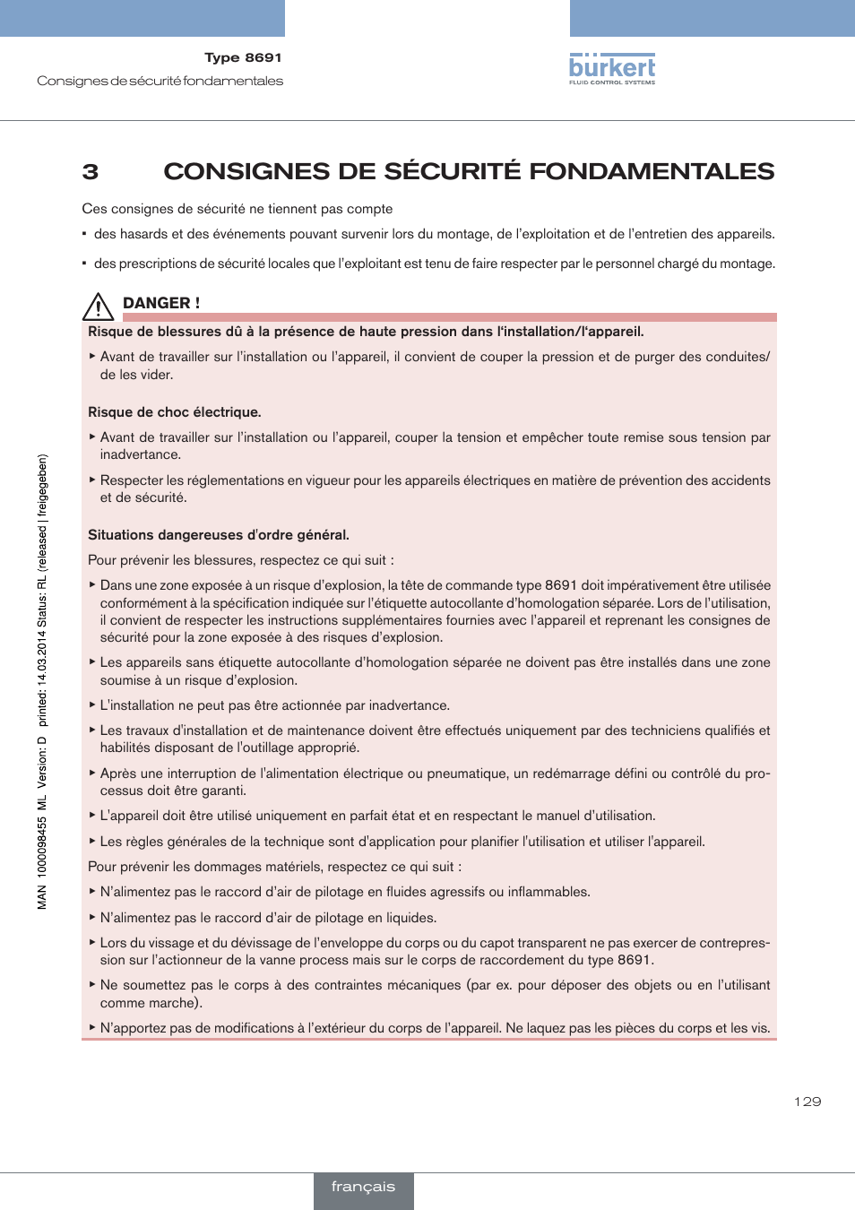 Consignes de sécurité fondamentales, 3consignes de sécurité fondamentales | Burkert Type 8691 User Manual | Page 129 / 184