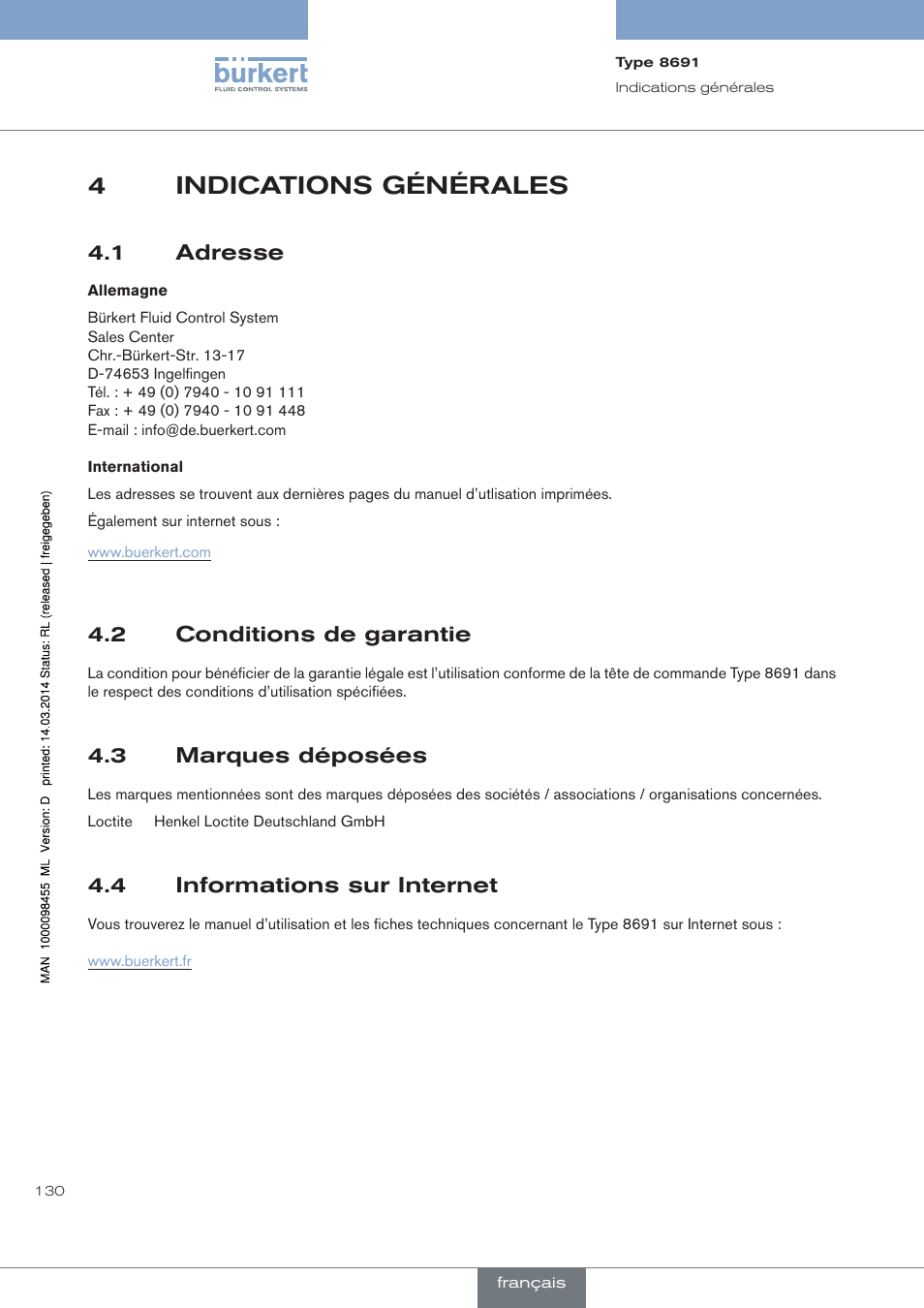 Indications générales, Adresse, Conditions de garantie | Marques déposées, Informations sur internet, 4indications générales, 1 adresse, 2 conditions de garantie, 3 marques déposées, 4 informations sur internet | Burkert Type 8691 User Manual | Page 130 / 184