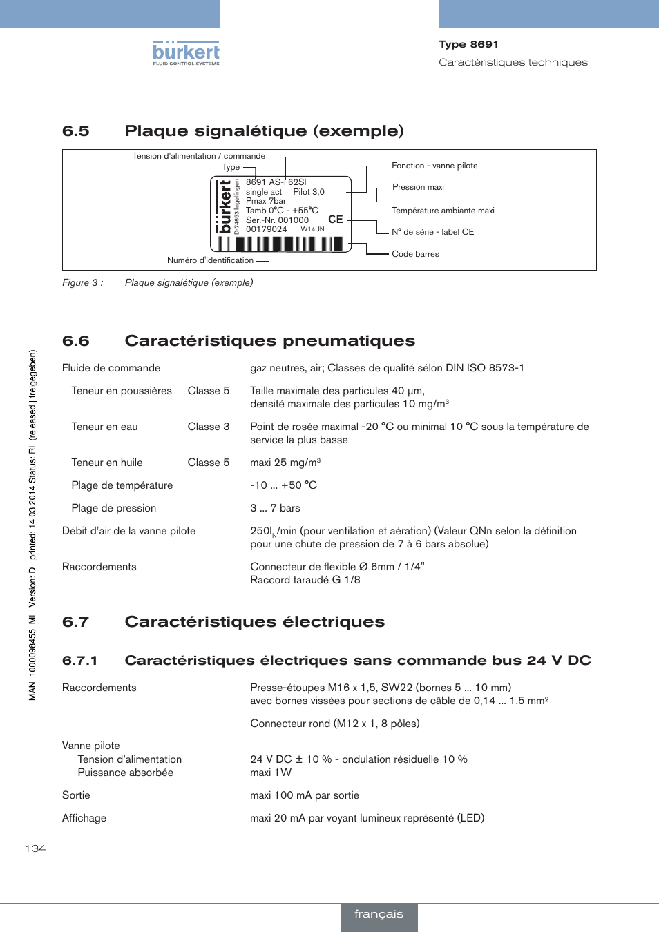 Plaque signalétique (exemple), Caractéristiques pneumatiques, Caractéristiques électriques | 5 plaque signalétique (exemple), 6 caractéristiques pneumatiques, 7 caractéristiques électriques | Burkert Type 8691 User Manual | Page 134 / 184