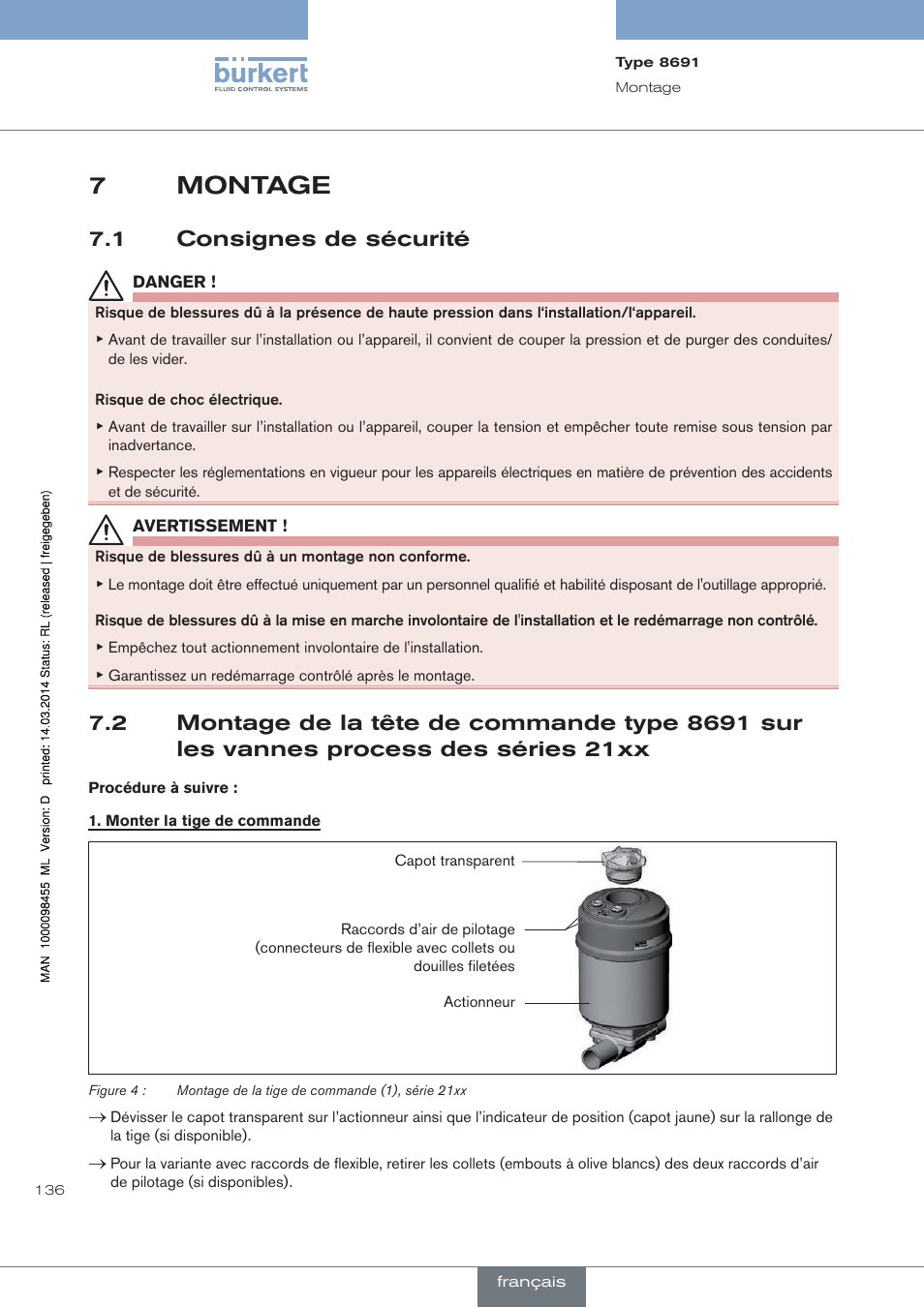 Montage, Consignes de sécurité, 7montage | 1 consignes de sécurité | Burkert Type 8691 User Manual | Page 136 / 184