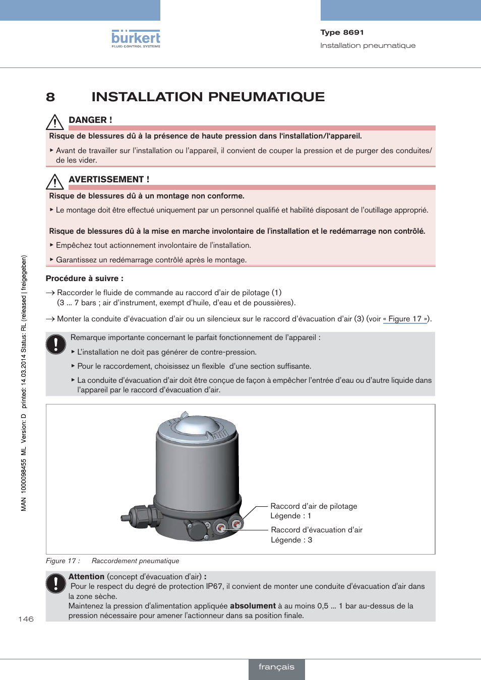 Installation pneumatique, 8installation pneumatique | Burkert Type 8691 User Manual | Page 146 / 184