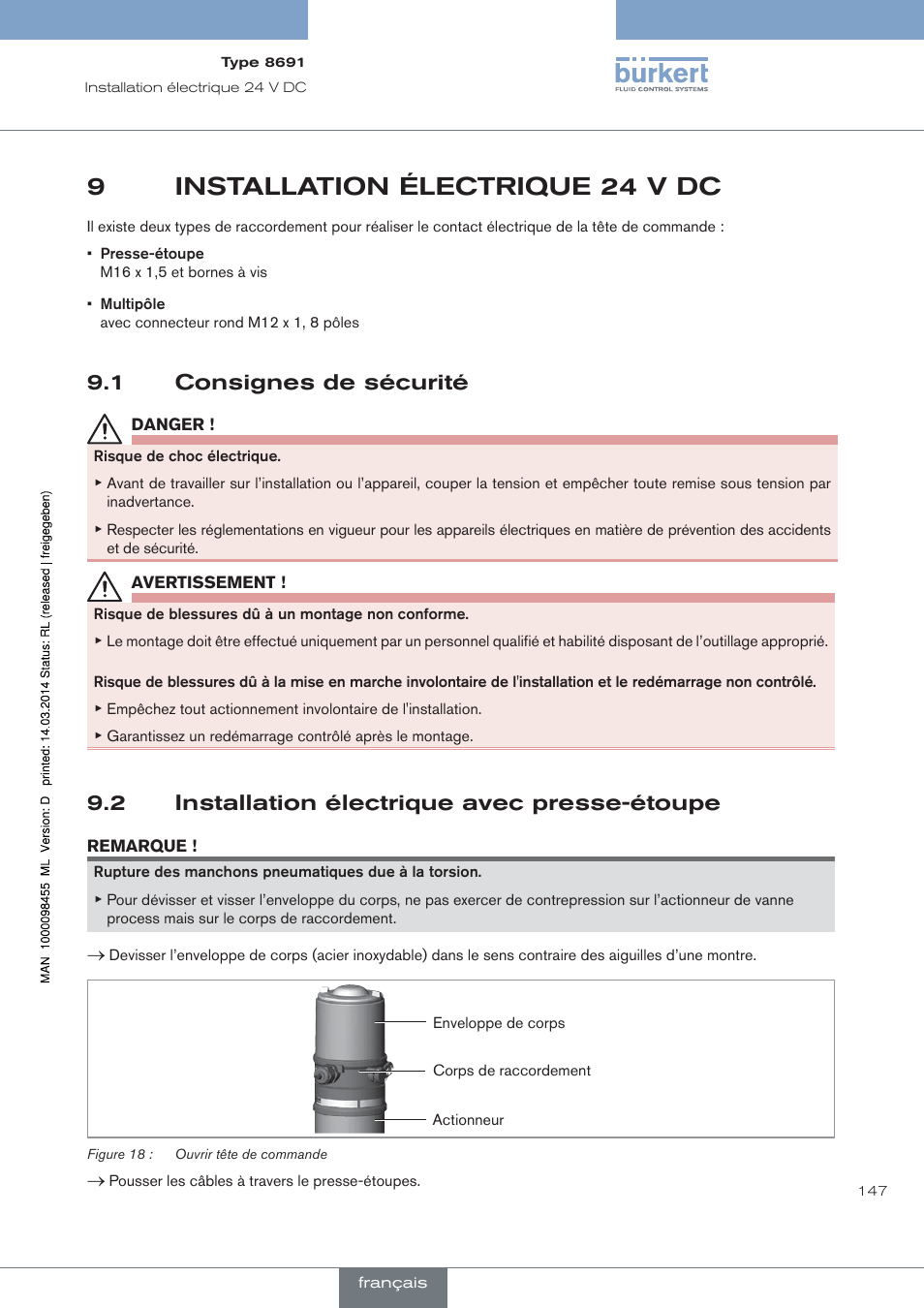 Installation électrique 24 v dc, Consignes de sécurité, Installation électrique avec presse-étoupe | 9installation électrique 24 v dc, 1 consignes de sécurité, 2 installation électrique avec presse-étoupe | Burkert Type 8691 User Manual | Page 147 / 184