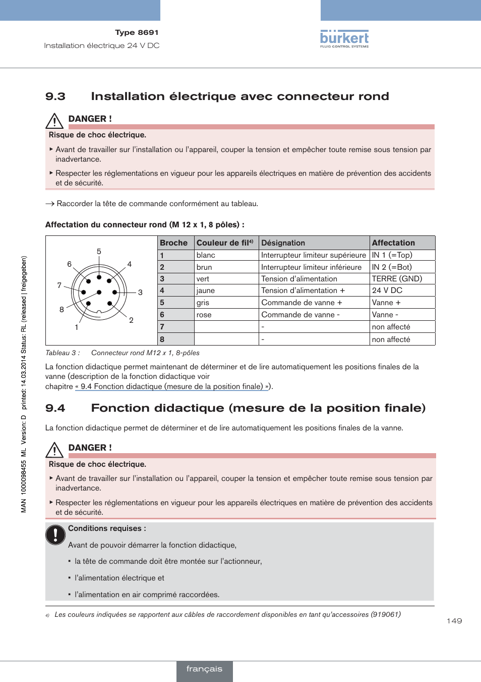 Installation électrique avec connecteur rond, Fonction didactique (mesure de la position finale), 3 installation électrique avec connecteur rond | Burkert Type 8691 User Manual | Page 149 / 184