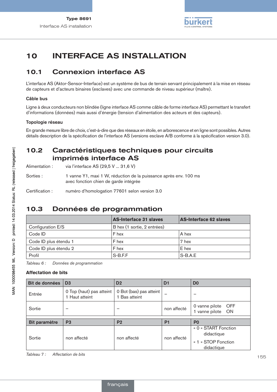 Interface as installation, 1 connexion interface as, 3 données de programmation | 10 interface as installation | Burkert Type 8691 User Manual | Page 155 / 184