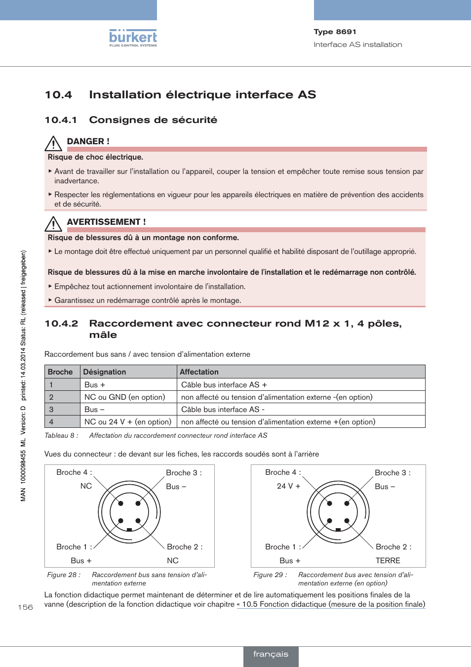 4 installation électrique interface as, Consignes de sécurité | Burkert Type 8691 User Manual | Page 156 / 184