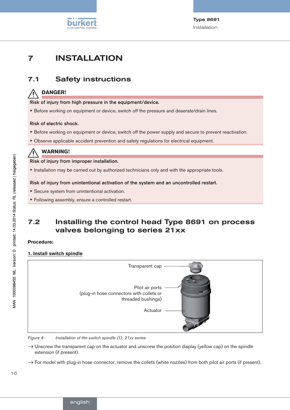 Installation, Safety instructions, 7installation | 1 safety instructions | Burkert Type 8691 User Manual | Page 16 / 184