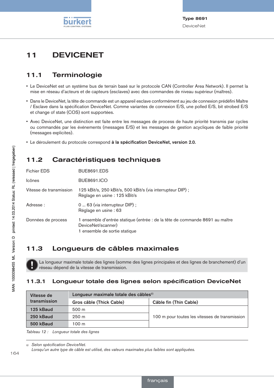 Devicenet, 1 terminologie, 2 caractéristiques techniques | 3 longueurs de câbles maximales, 11 devicenet | Burkert Type 8691 User Manual | Page 164 / 184