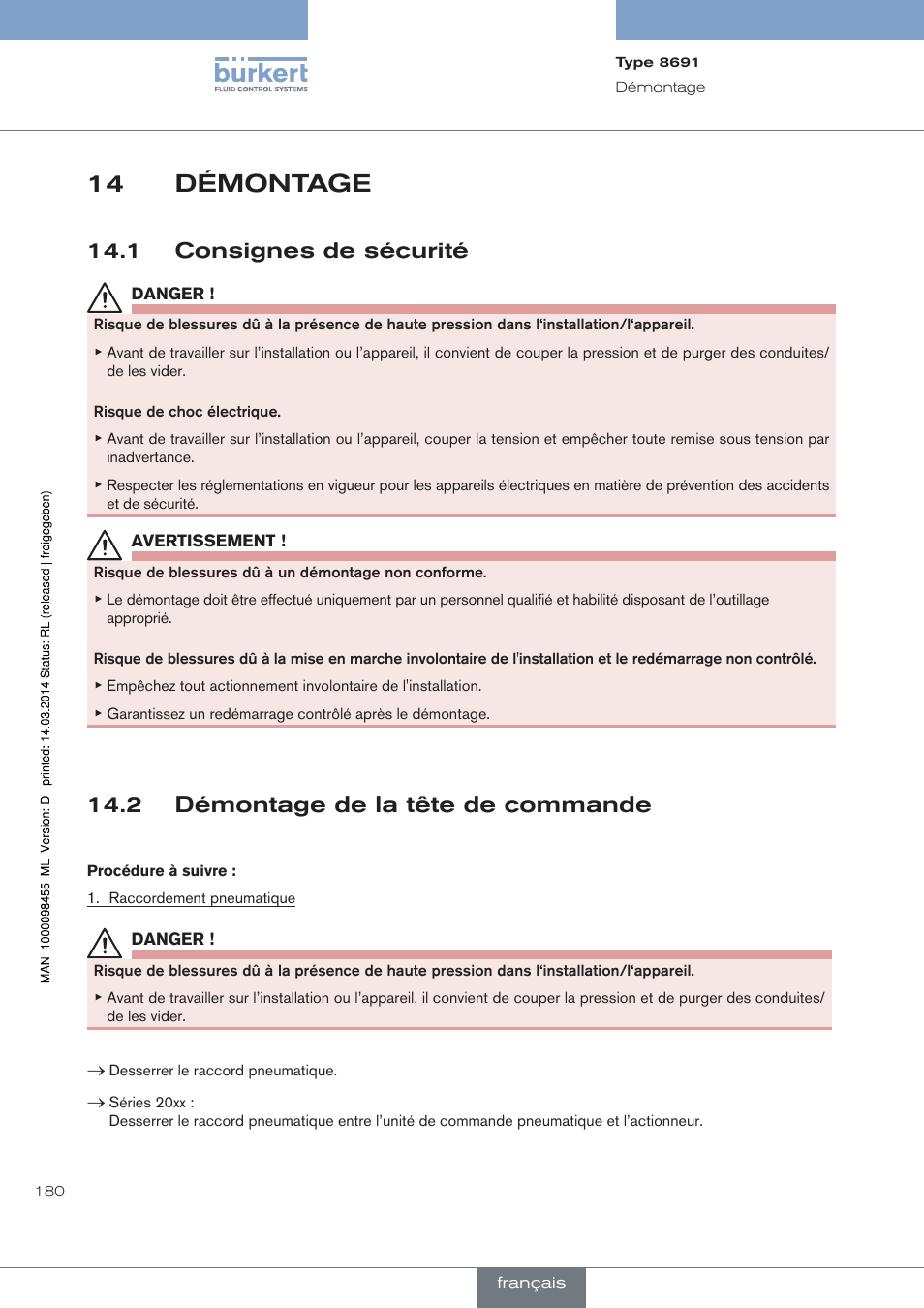 Démontage, 1 consignes de sécurité, 2 démontage de la tête de commande | 14 démontage | Burkert Type 8691 User Manual | Page 180 / 184