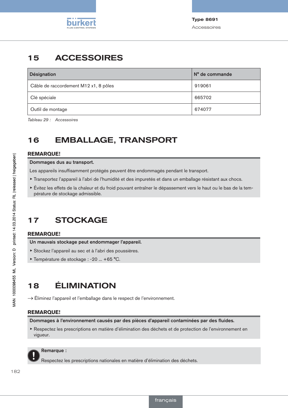 Accessoires, Emballage, transport, Stockage | Élimination, 15 accessoires, 16 emballage, transport, 17 stockage, 18 élimination | Burkert Type 8691 User Manual | Page 182 / 184