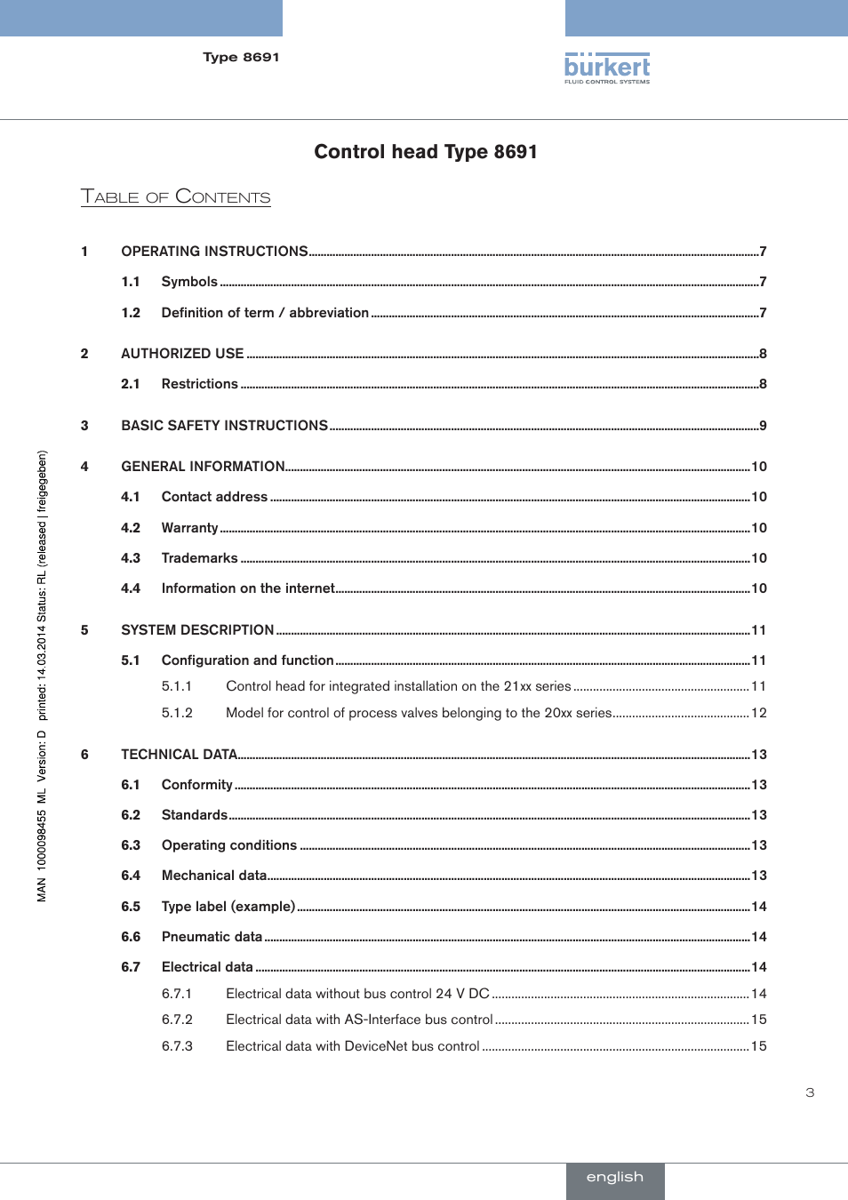 English, Control head type 8691 t | Burkert Type 8691 User Manual | Page 3 / 184