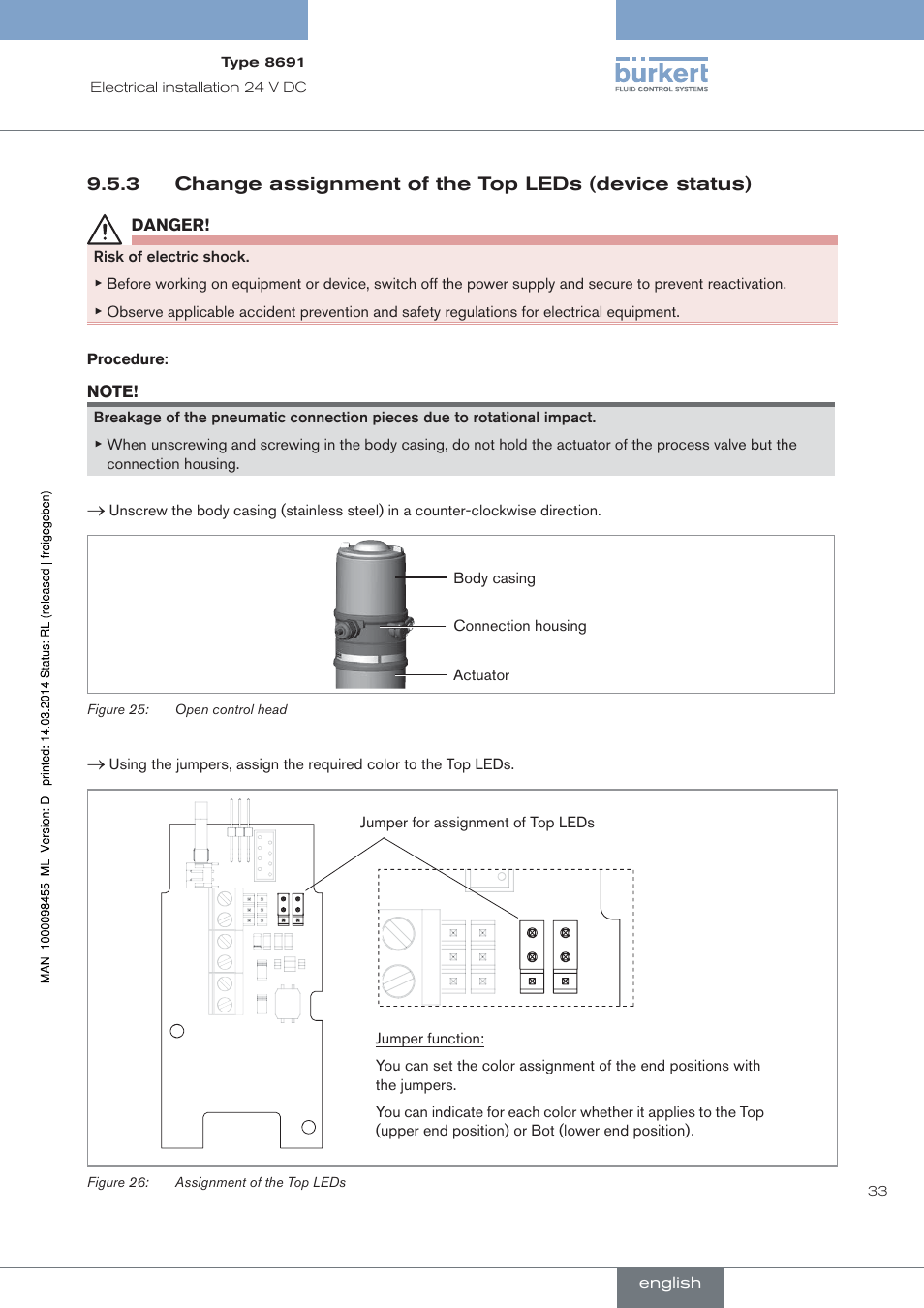 Change assignment of the top leds (device status), Ye gn to p bot bot to p | Burkert Type 8691 User Manual | Page 33 / 184