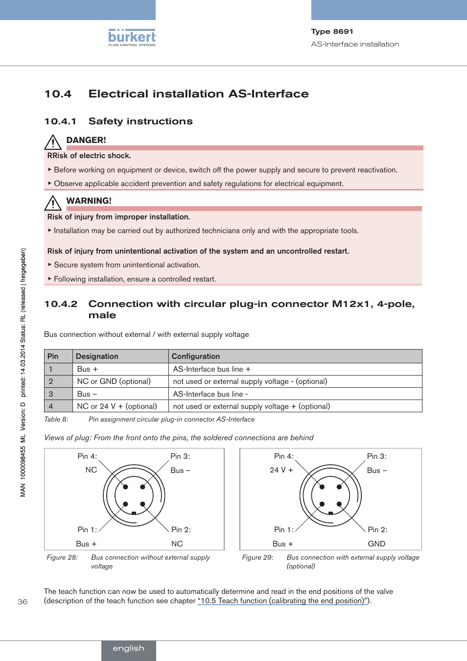 4 electrical installation as-interface, Safety instructions | Burkert Type 8691 User Manual | Page 36 / 184