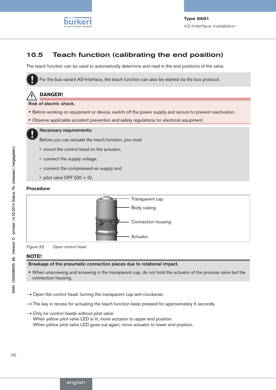 5 teach function (calibrating the end position) | Burkert Type 8691 User Manual | Page 38 / 184