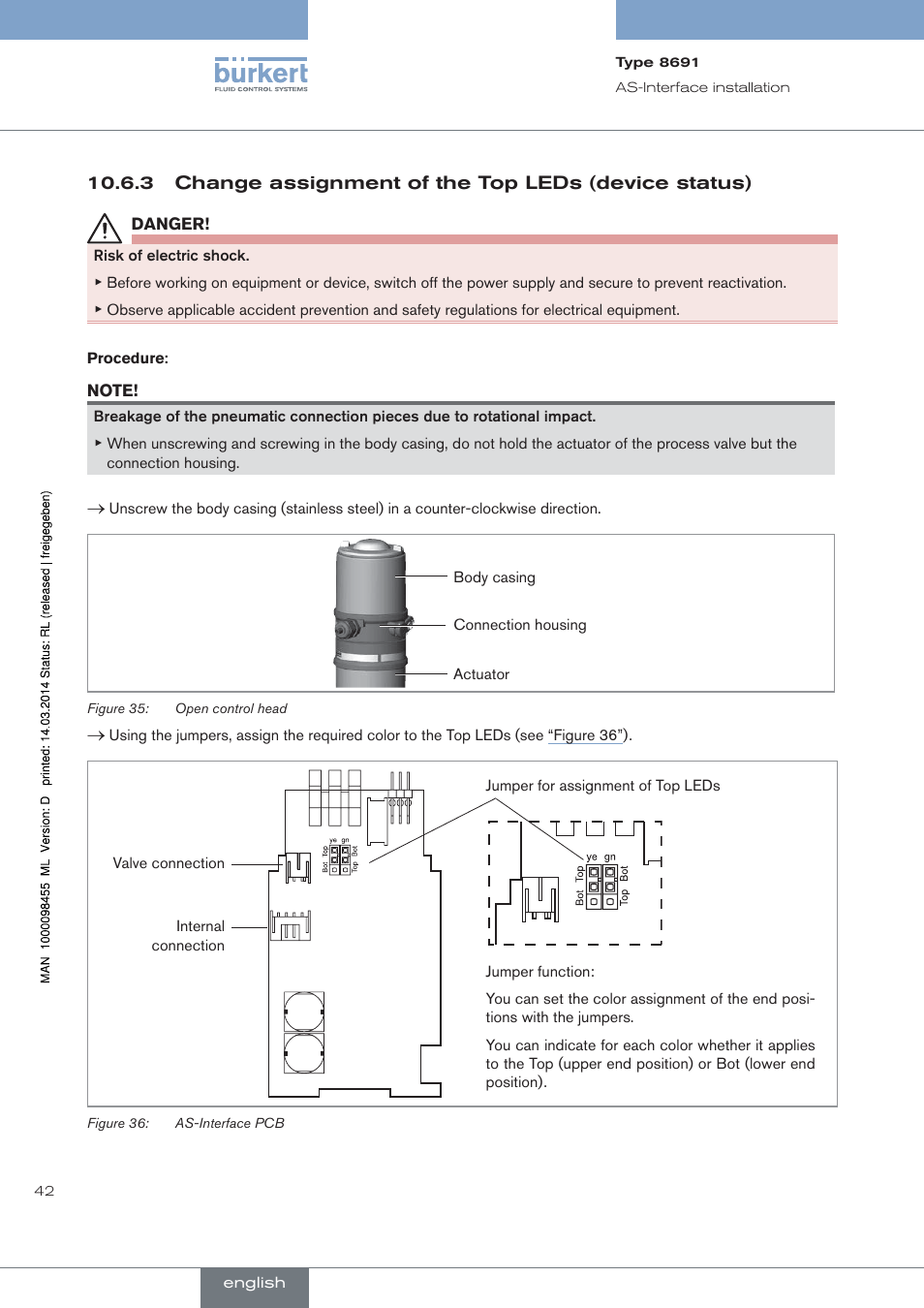 Change assignment of the top leds (device status) | Burkert Type 8691 User Manual | Page 42 / 184