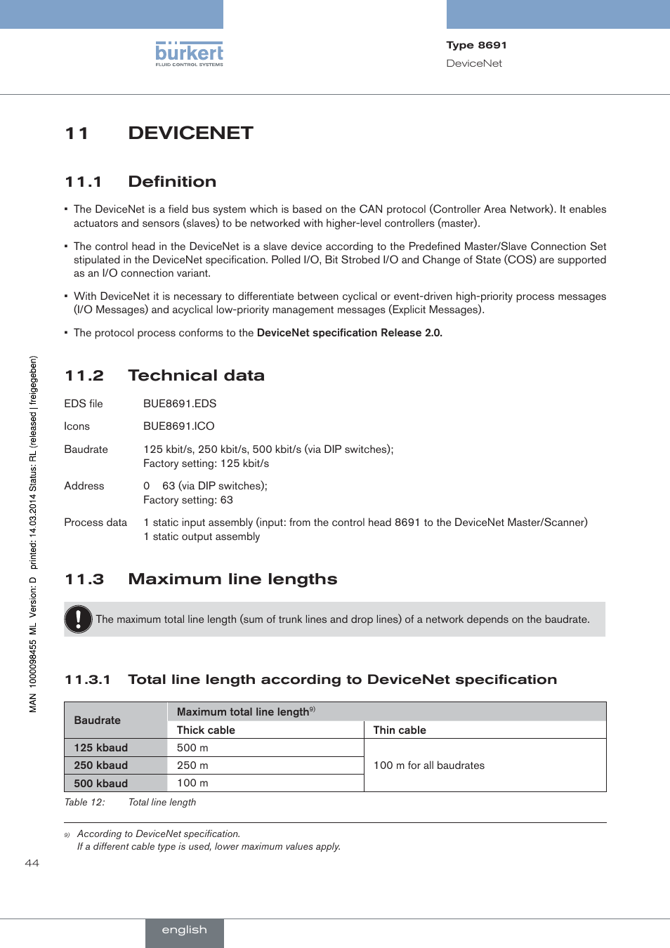 Devicenet, 1 definition, 2 technical data | 3 maximum line lengths, 11 devicenet | Burkert Type 8691 User Manual | Page 44 / 184