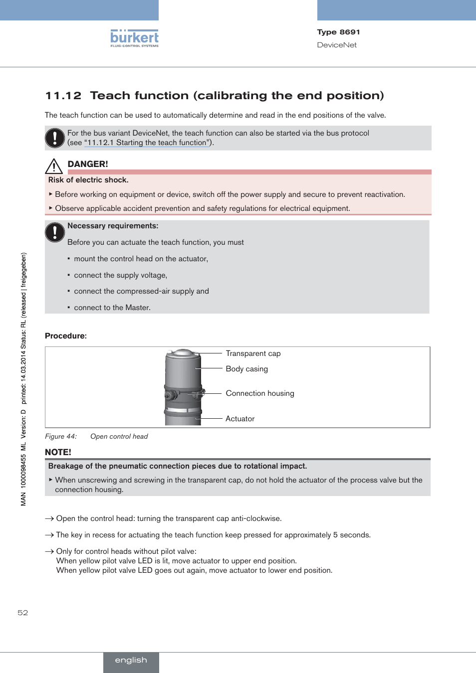 12 teach function (calibrating the end position) | Burkert Type 8691 User Manual | Page 52 / 184