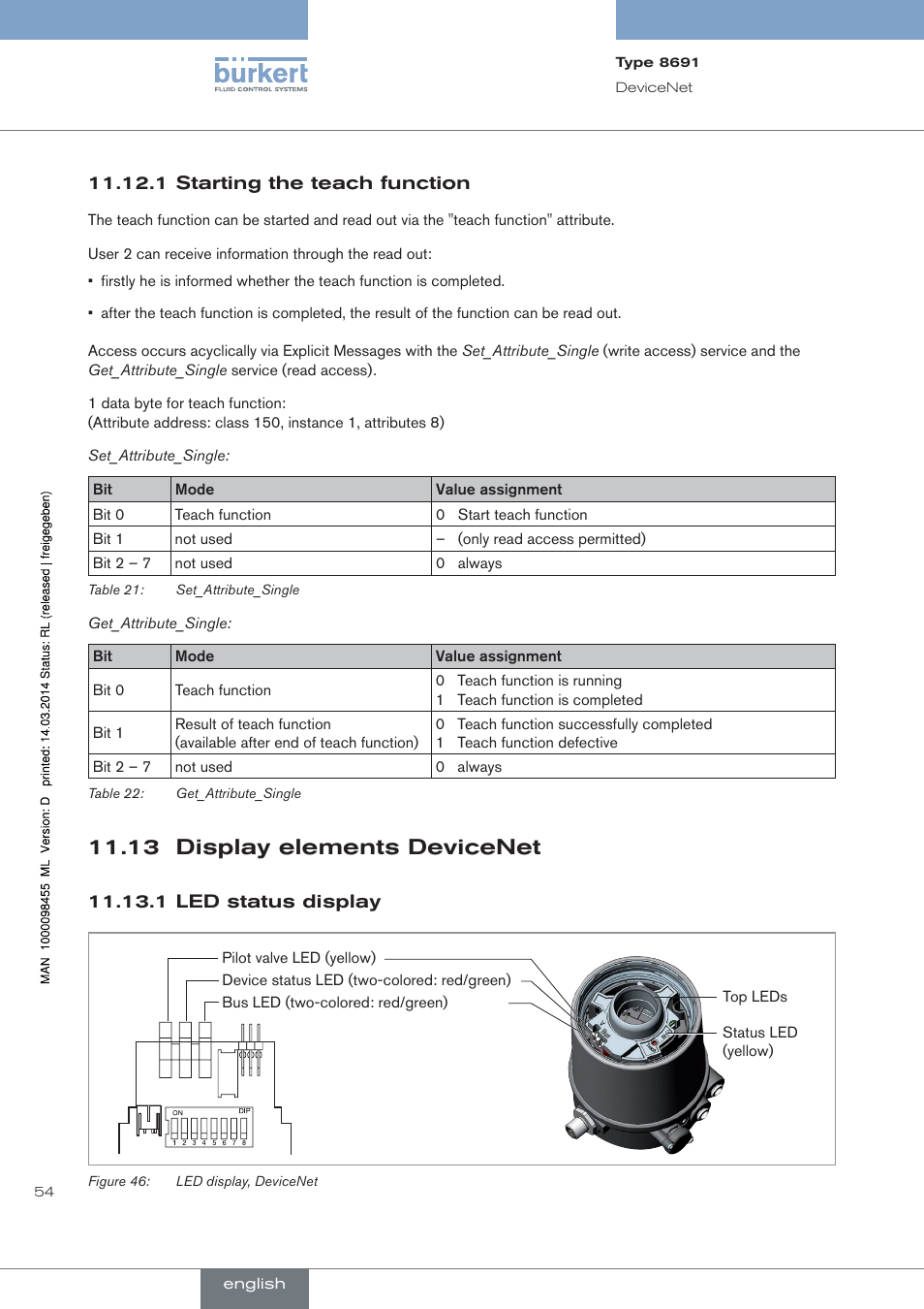 1 starting the teach function, 13 display elements devicenet, 1 led status display | Burkert Type 8691 User Manual | Page 54 / 184