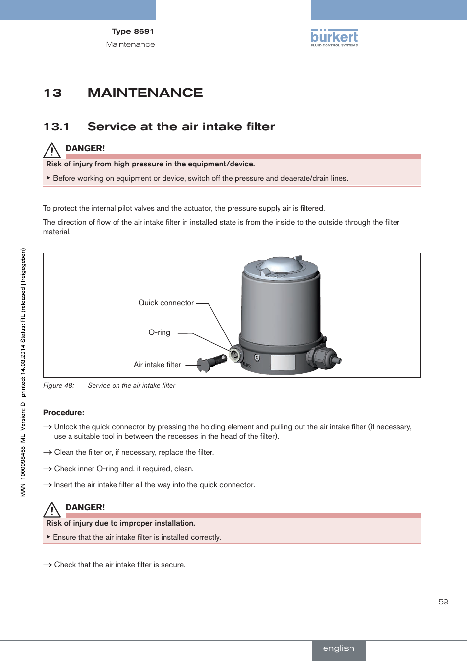 Maintenance, 1 service at the air intake filter, 13 maintenance | Burkert Type 8691 User Manual | Page 59 / 184