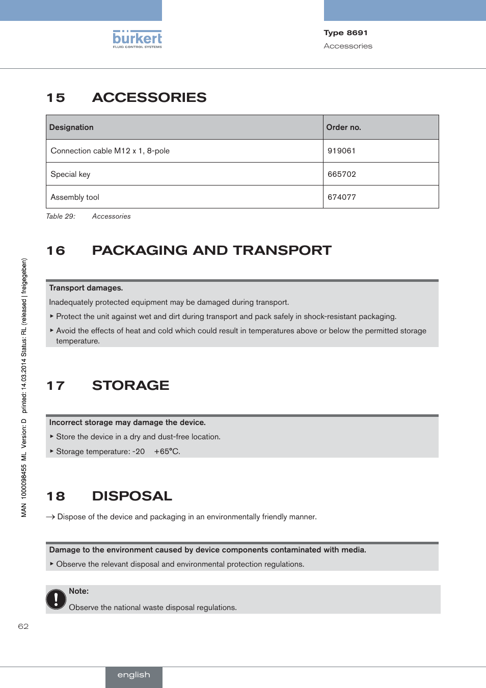 Accessories, Packaging and transport, Storage | Disposal, 15 accessories, 16 packaging and transport, 17 storage, 18 disposal | Burkert Type 8691 User Manual | Page 62 / 184