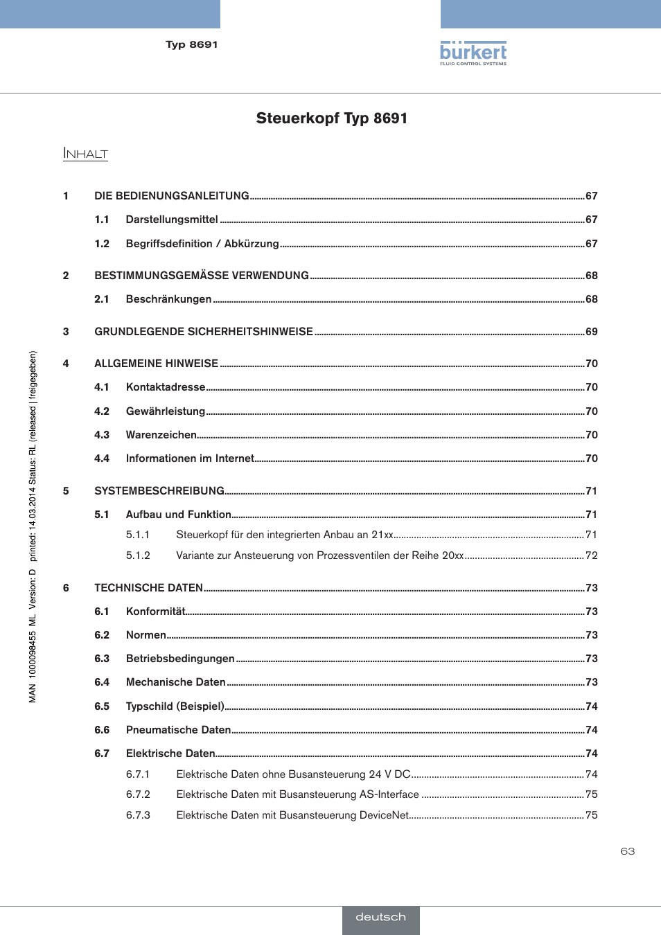 Deutsch, Steuerkopf typ 8691 i | Burkert Type 8691 User Manual | Page 63 / 184