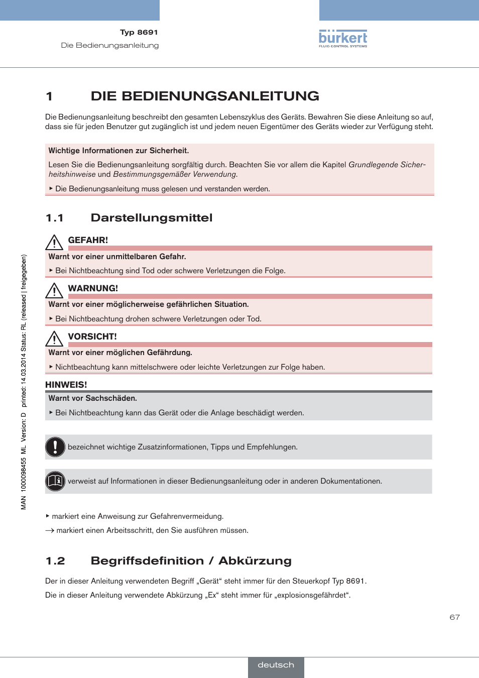 Die bedienungsanleitung, Darstellungsmittel, Begriffsdefinition / abkürzung | 1die bedienungsanleitung, 1 darstellungsmittel, 2 begriffsdefinition / abkürzung | Burkert Type 8691 User Manual | Page 67 / 184