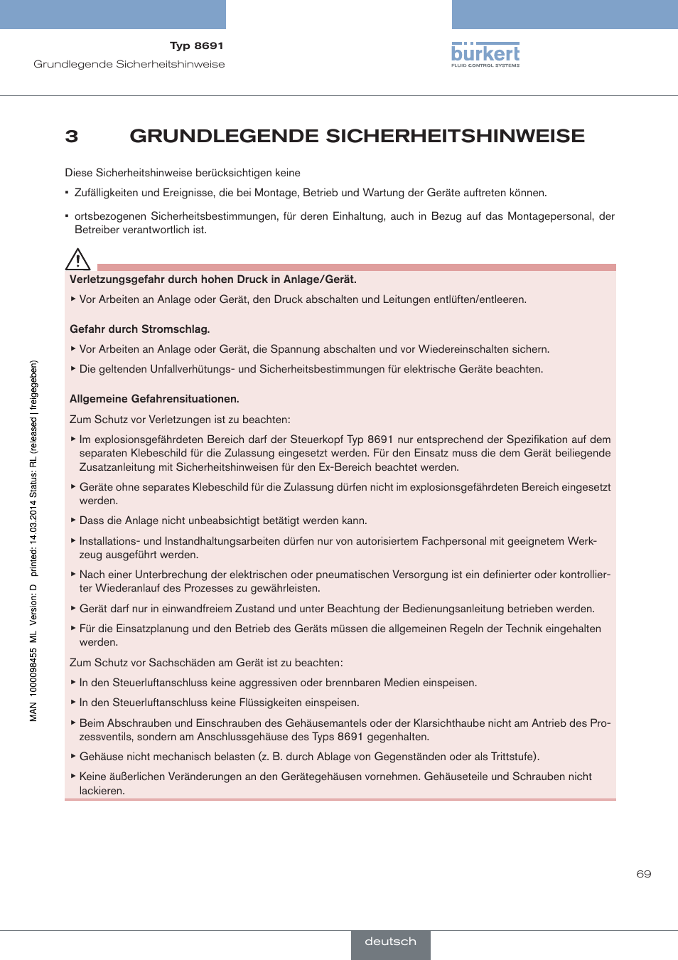 Grundlegende sicherheitshinweise, 3grundlegende sicherheitshinweise | Burkert Type 8691 User Manual | Page 69 / 184