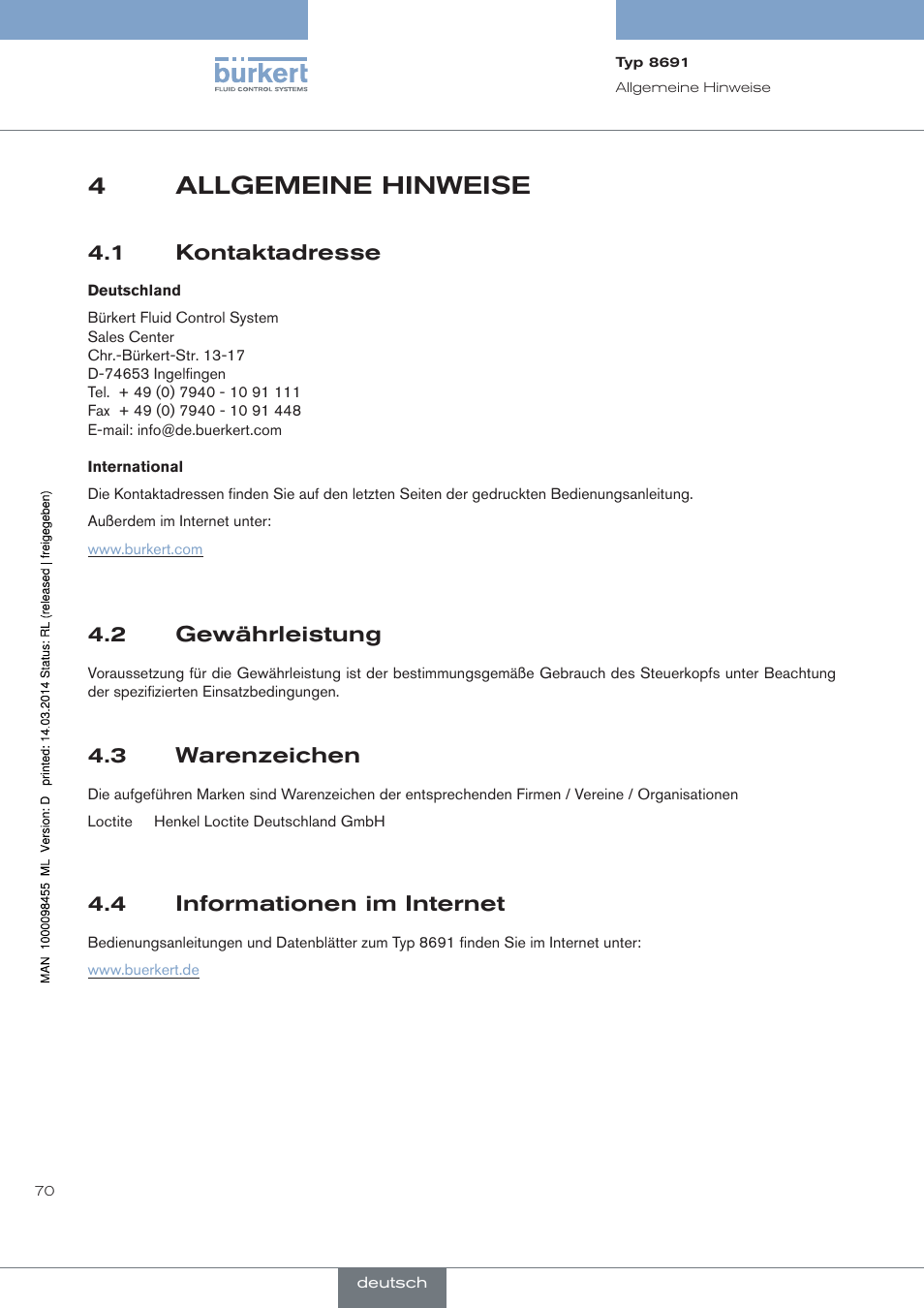 Allgemeine hinweise, Kontaktadresse, Gewährleistung | Warenzeichen, Informationen im internet, 4allgemeine hinweise, 1 kontaktadresse, 2 gewährleistung, 3 warenzeichen, 4 informationen im internet | Burkert Type 8691 User Manual | Page 70 / 184