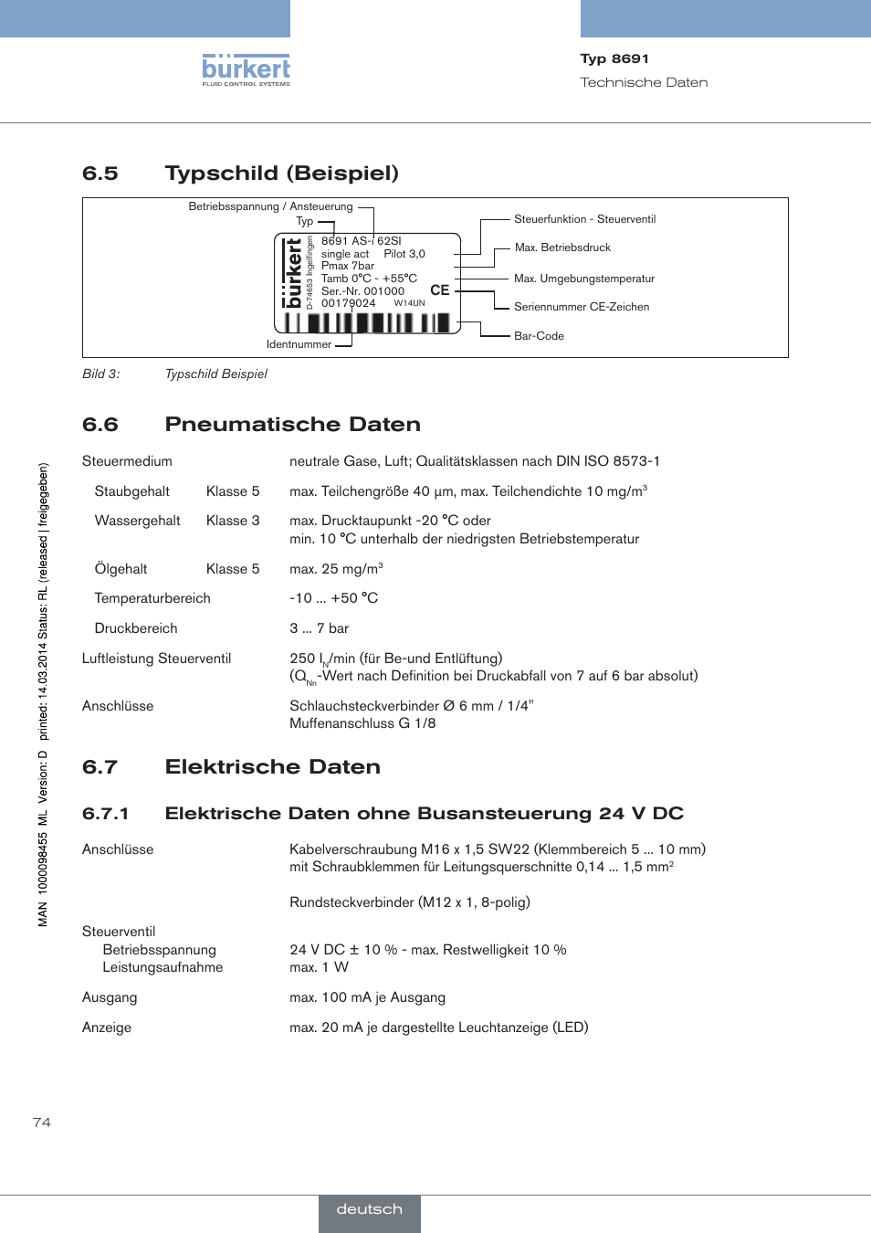 Typschild (beispiel), Pneumatische daten, Elektrische daten | Elektrische daten ohne busansteuerung 24 v dc, 5 typschild (beispiel), 6 pneumatische daten, 7 elektrische daten, 1 elektrische daten ohne busansteuerung 24 v dc | Burkert Type 8691 User Manual | Page 74 / 184