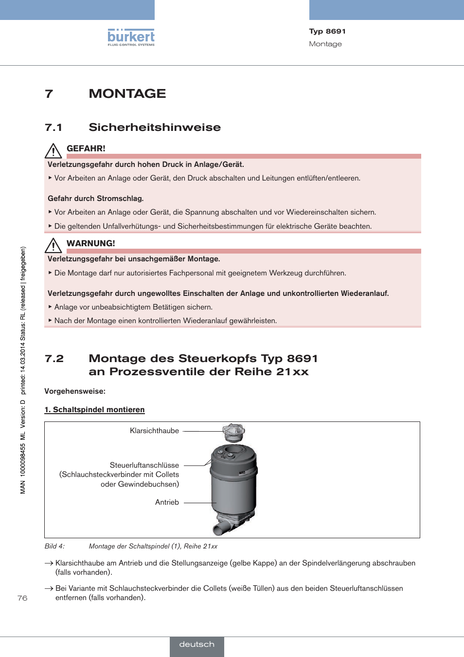 Montage, Sicherheitshinweise, 7montage | 1 sicherheitshinweise | Burkert Type 8691 User Manual | Page 76 / 184