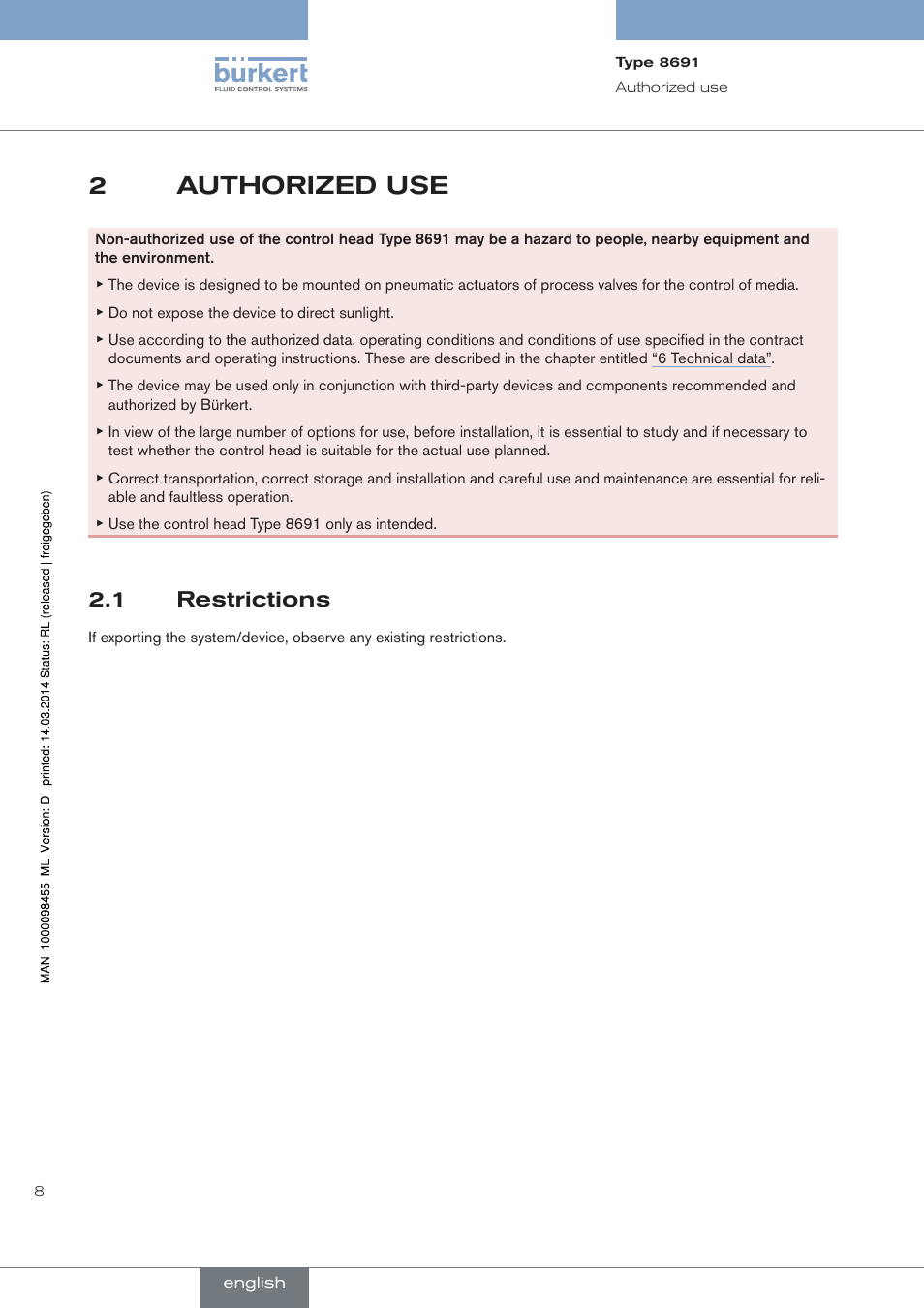 Authorized use, Restrictions, 2authorized use | 1 restrictions | Burkert Type 8691 User Manual | Page 8 / 184