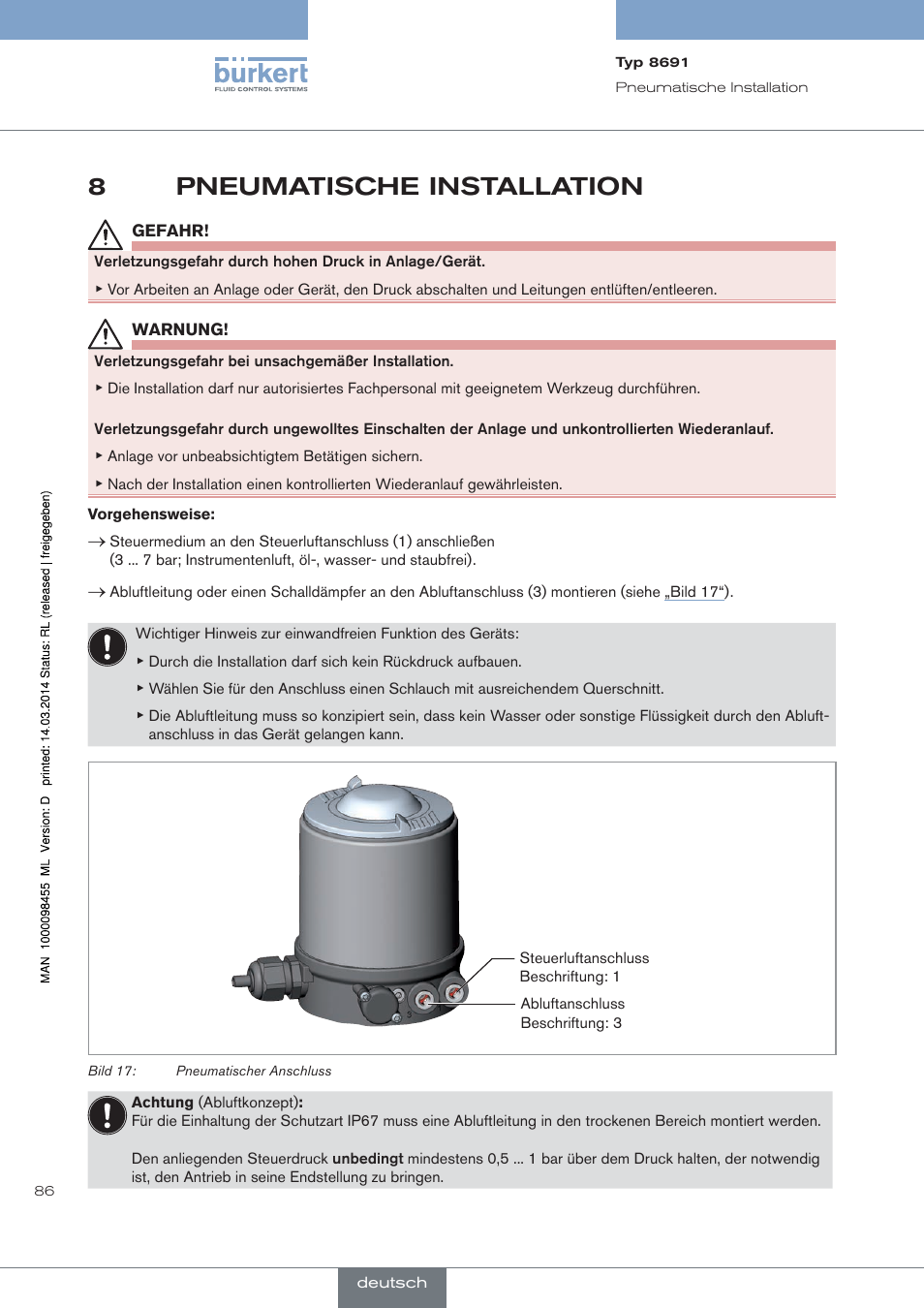 Pneumatische installation, 8pneumatische installation | Burkert Type 8691 User Manual | Page 86 / 184