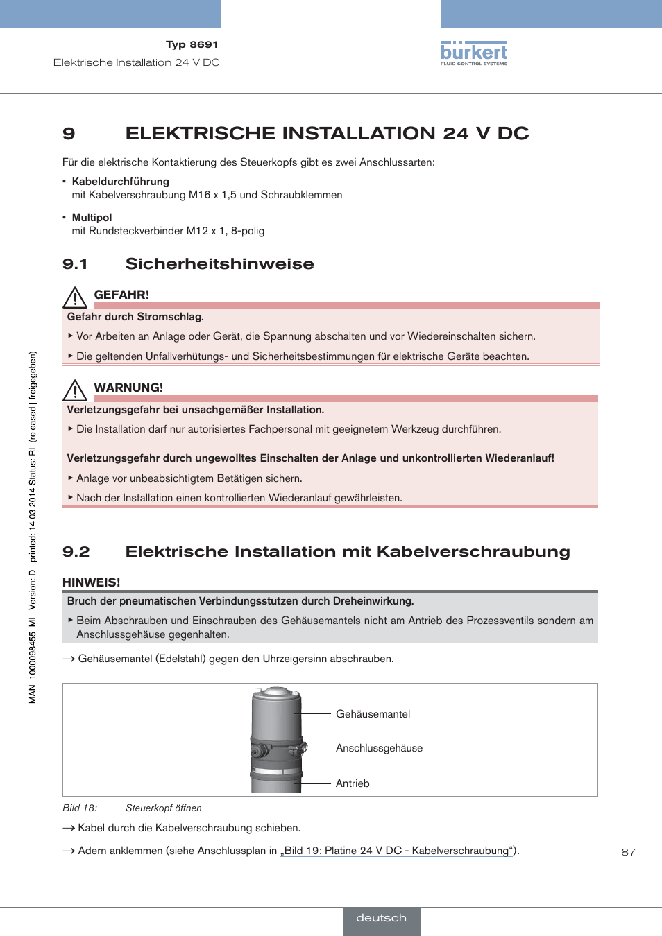 Elektrische installation 24 v dc, Sicherheitshinweise, Elektrische installation mit kabelverschraubung | 9elektrische installation 24 v dc, 1 sicherheitshinweise, 2 elektrische installation mit kabelverschraubung | Burkert Type 8691 User Manual | Page 87 / 184