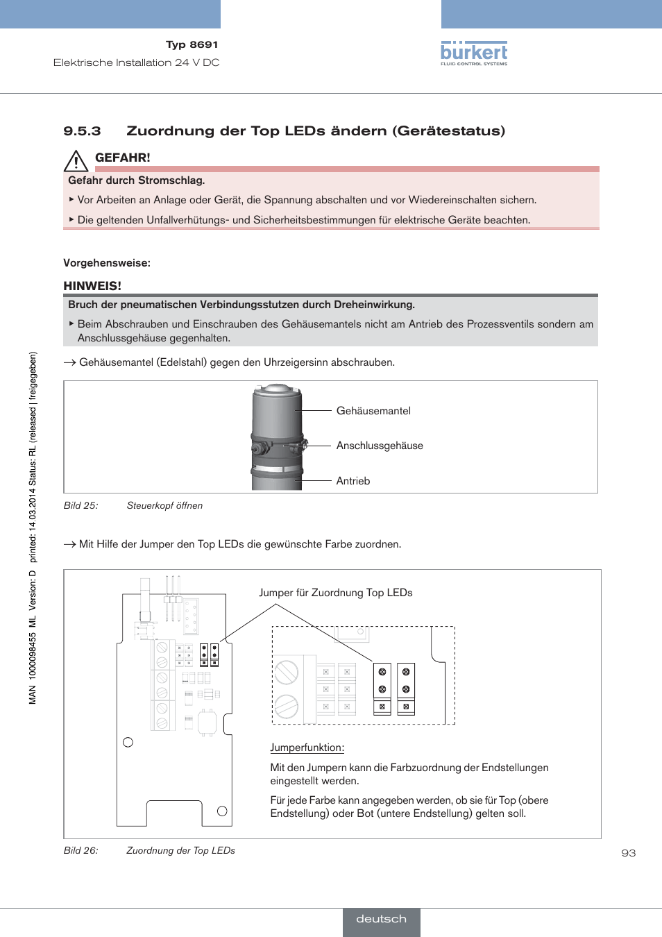 Zuordnung der top leds ändern (gerätestatus), Ye gn to p bot bot to p, 3 zuordnung der top leds ändern (gerätestatus) | Burkert Type 8691 User Manual | Page 93 / 184