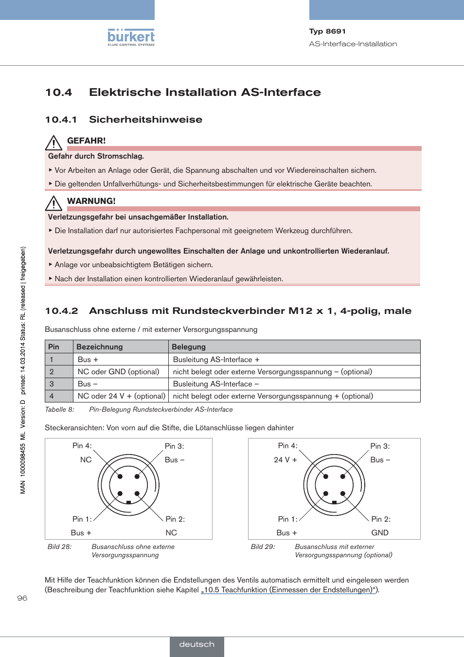 4 elektrische installation as-interface, Sicherheitshinweise | Burkert Type 8691 User Manual | Page 96 / 184