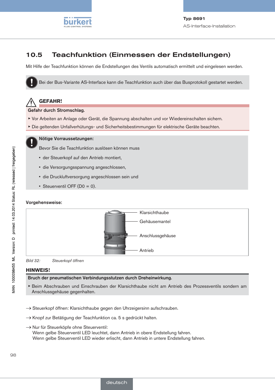 5 teachfunktion (einmessen der endstellungen) | Burkert Type 8691 User Manual | Page 98 / 184