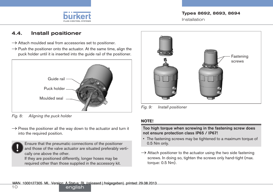 Install positioner | Burkert Type 8694 User Manual | Page 10 / 34