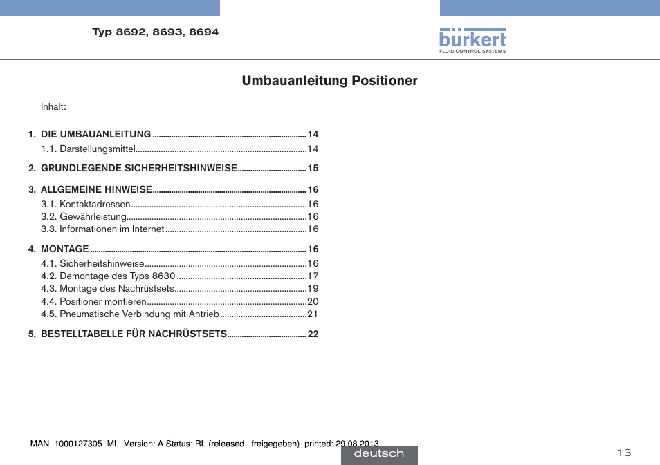 Deutsch, Umbauanleitung positioner | Burkert Type 8694 User Manual | Page 13 / 34