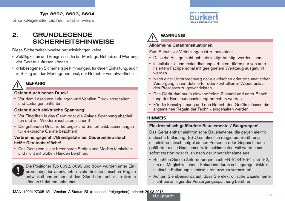 Grundlegende sicherheitshinweise | Burkert Type 8694 User Manual | Page 15 / 34