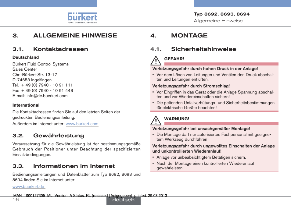 Allgemeine hinweise, Montage, Sicherheitshinweise | Burkert Type 8694 User Manual | Page 16 / 34