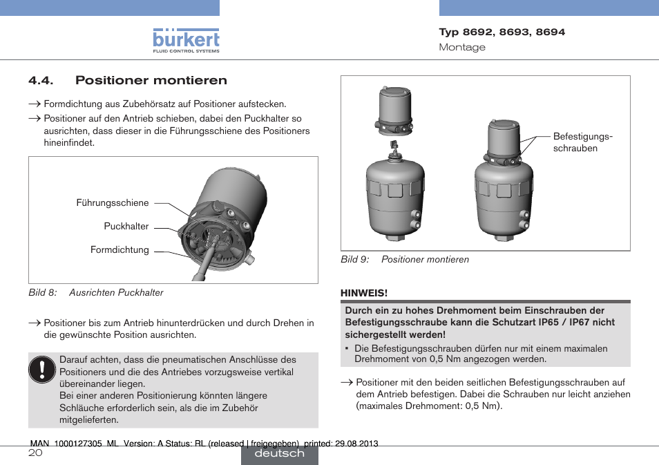 Positioner montieren | Burkert Type 8694 User Manual | Page 20 / 34