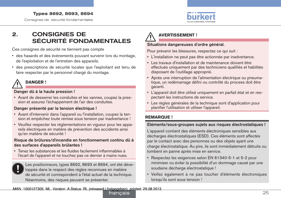 Consignes de sécurité fondamentales | Burkert Type 8694 User Manual | Page 25 / 34