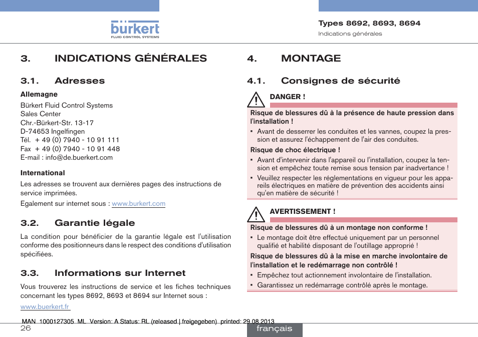 Montage, Consignes de sécurité, Indications générales | Burkert Type 8694 User Manual | Page 26 / 34