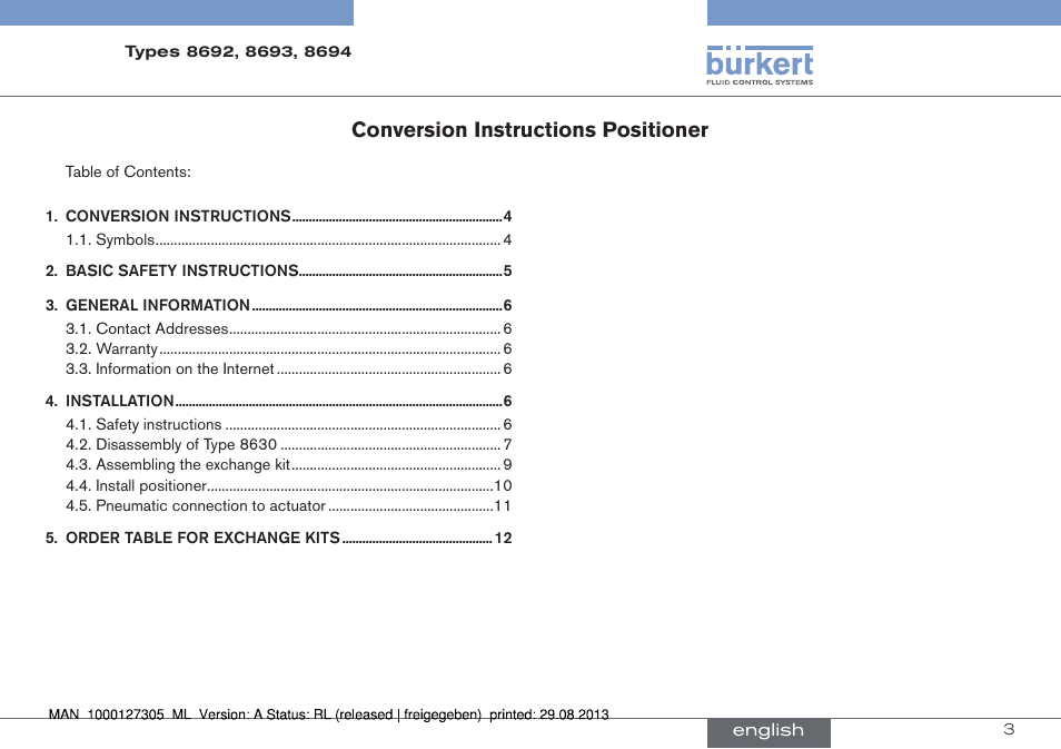 English, Conversion instructions positioner | Burkert Type 8694 User Manual | Page 3 / 34