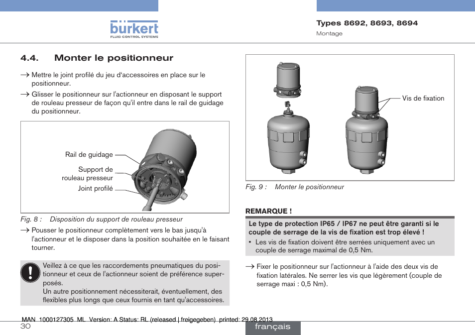 Monter le positionneur | Burkert Type 8694 User Manual | Page 30 / 34