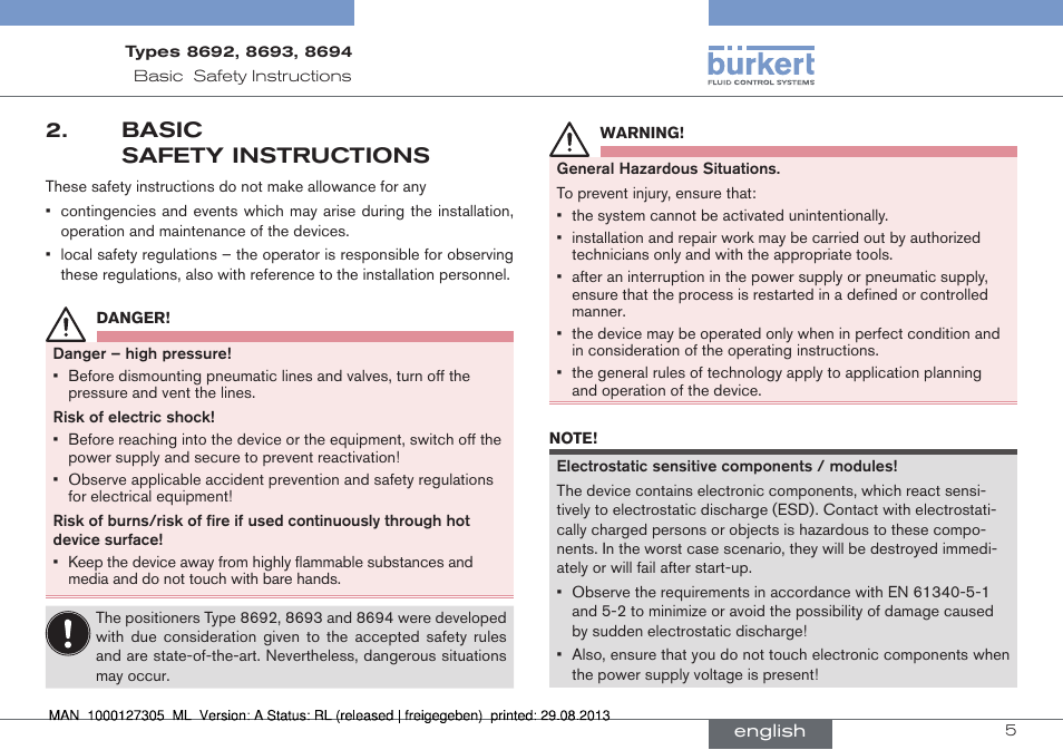 Basic safety instructions | Burkert Type 8694 User Manual | Page 5 / 34