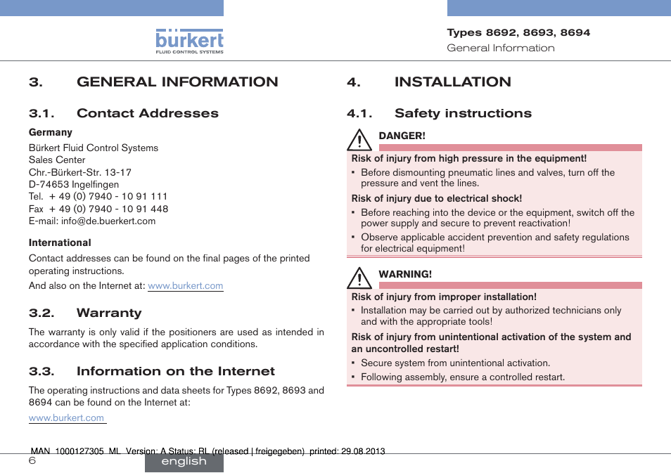 General information, Installation, Safety instructions | Burkert Type 8694 User Manual | Page 6 / 34