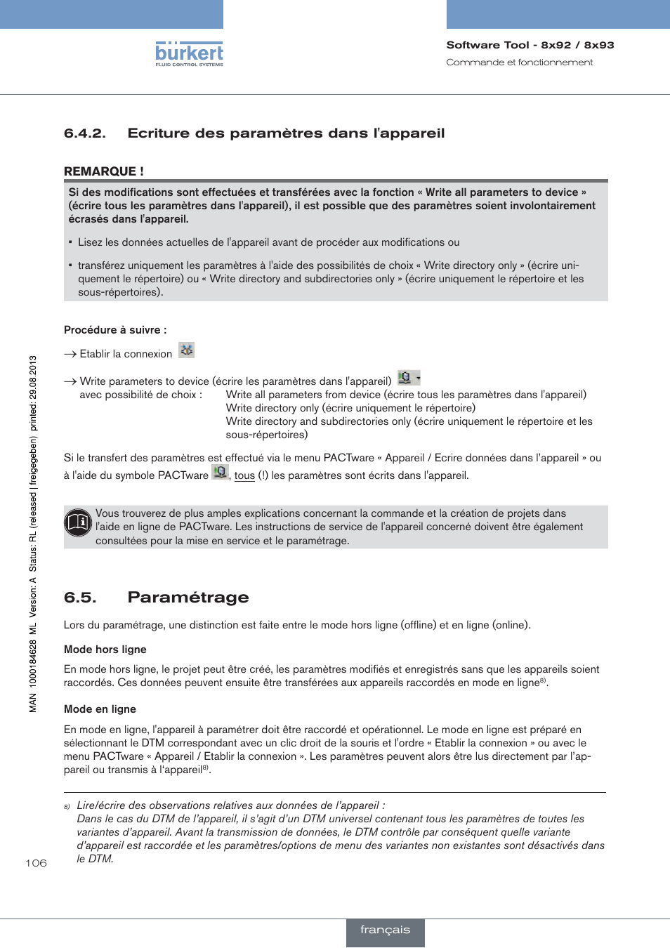 Ecriture des paramètres dans l'appareil, Paramétrage | Burkert Type 8793 User Manual | Page 106 / 118