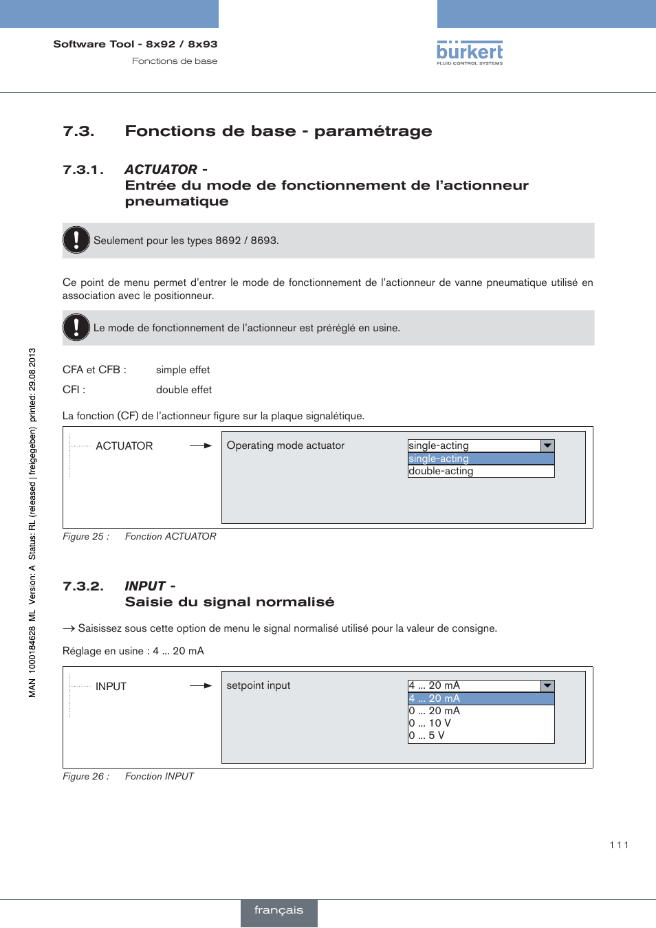 Fonctions de base - paramétrage, Actuator, Input | Saisie du signal normalisé | Burkert Type 8793 User Manual | Page 111 / 118