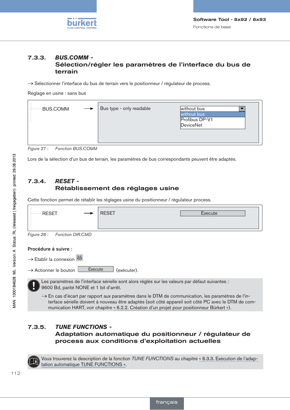 Bus.comm, Reset, Rétablissement des réglages usine | Tune functions, Aux conditions d’exploitation actuelles | Burkert Type 8793 User Manual | Page 112 / 118