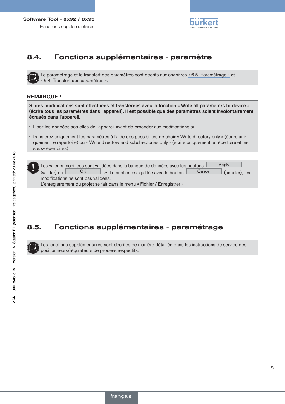 Fonctions supplémentaires - paramètre, Fonctions supplémentaires - paramétrage | Burkert Type 8793 User Manual | Page 115 / 118